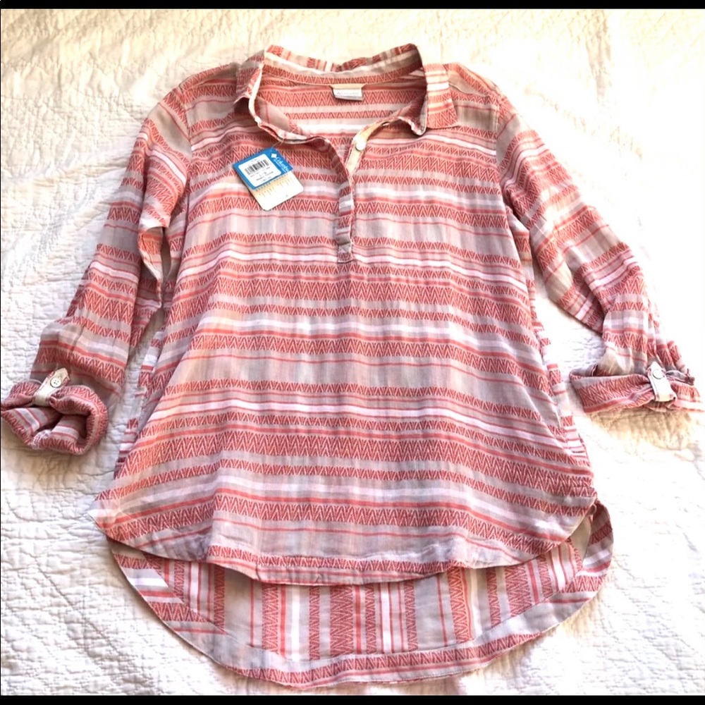 NWT Columbia Coral Striped Popover Top Pockets L